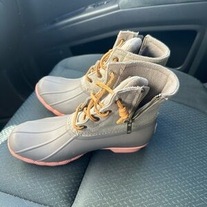 Sperry Gray and Pink Duck Booties with Tan Laces